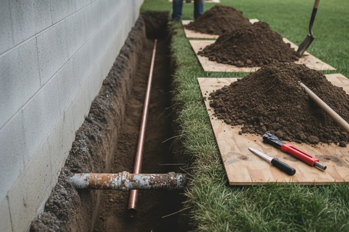Excavated water line trench during Water Softener Installation in Downey